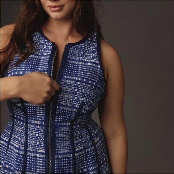 Anthropologie by Anthropologie Blue and White Structured Zip Front Mini Dress - Picture 6 of 16